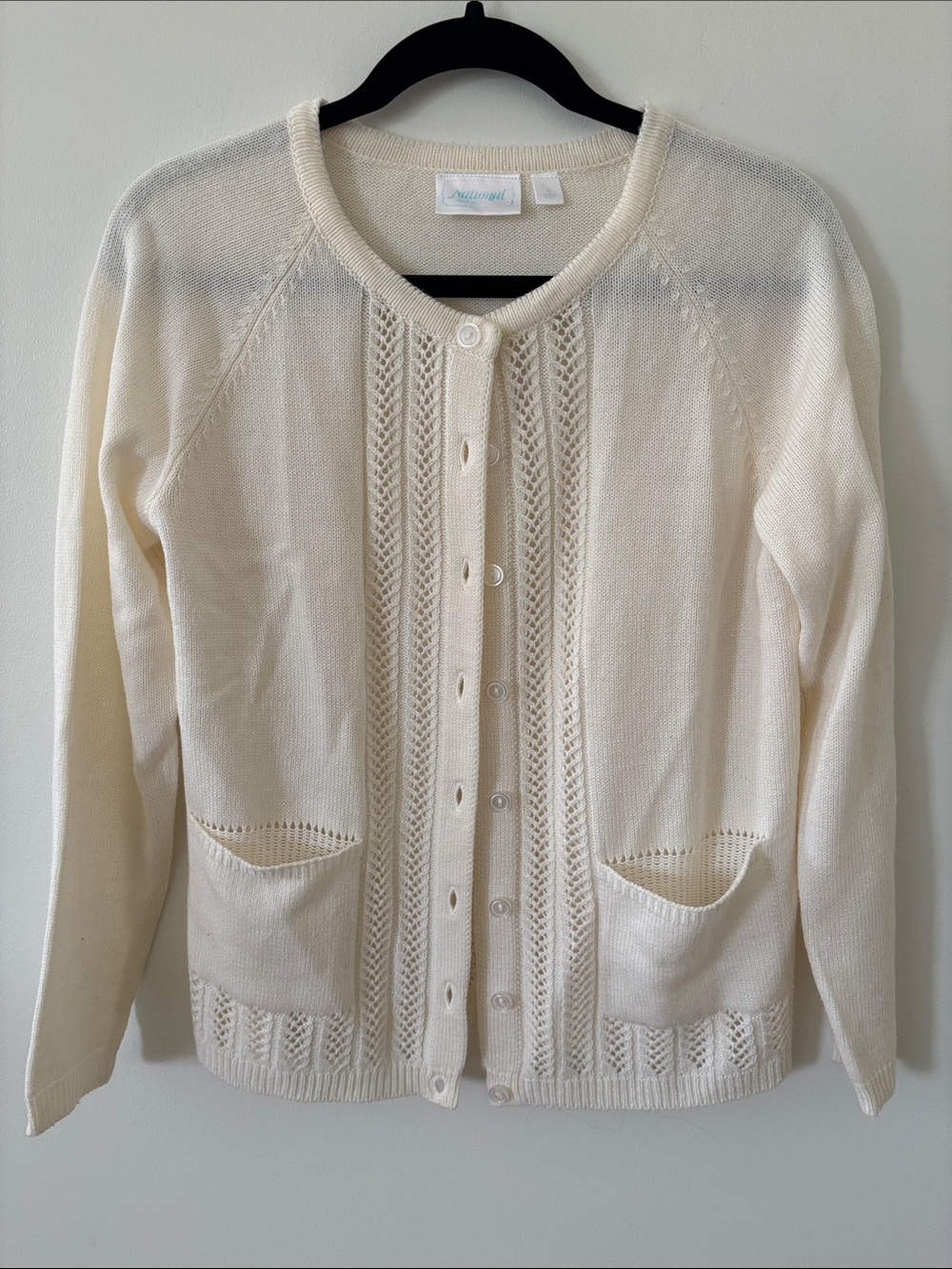 Vintage Light Cream Openwork Knit Button-Up Cardigan